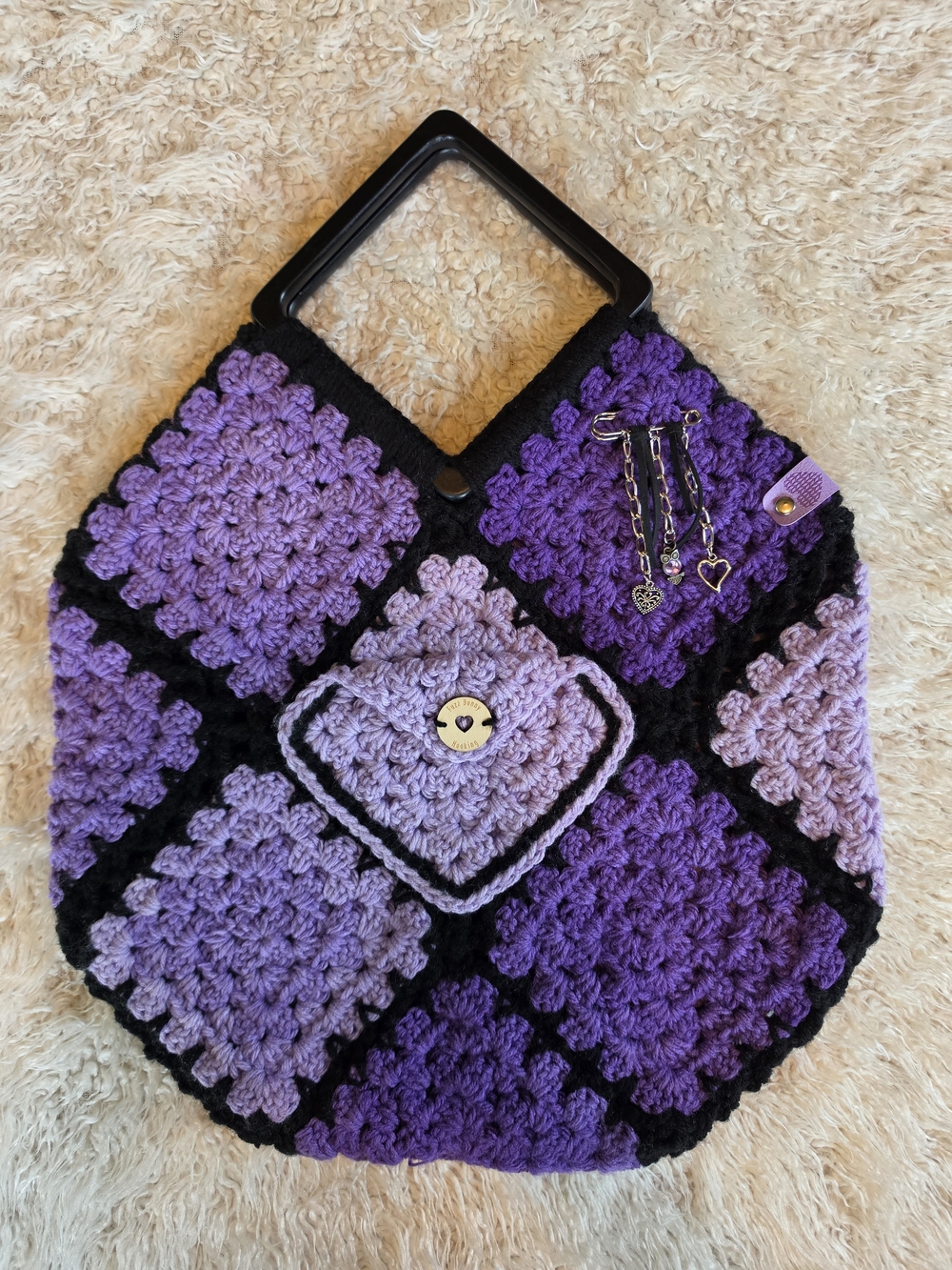 NWT Handmade Crochet "Granny Tote Bag" Purples with Black Trim